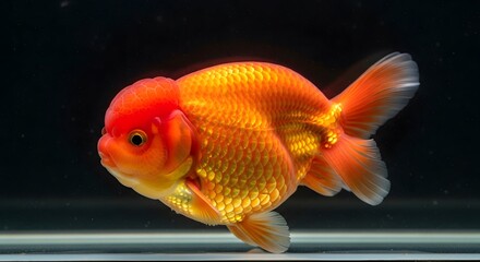 A fish with vibrant orange scales and a distinctive head structure swims in a dark water environment. The close-up shot highlights the intricate details of the fish.
