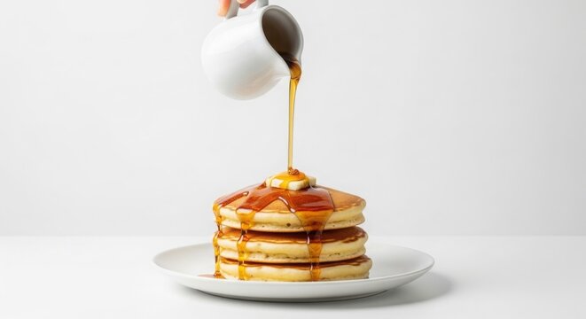 Pouring golden maple syrup onto a tall stack of fluffy pancakes on a white plate