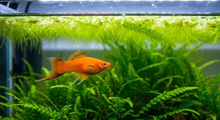 A vibrant orange fish swims gracefully within a lush aquatic environment of green plants under bright illumination. The scene captures the interplay of color and natural light.