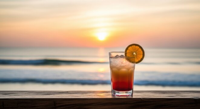 Refreshing tropical cocktail with orange slice on beach at sunset