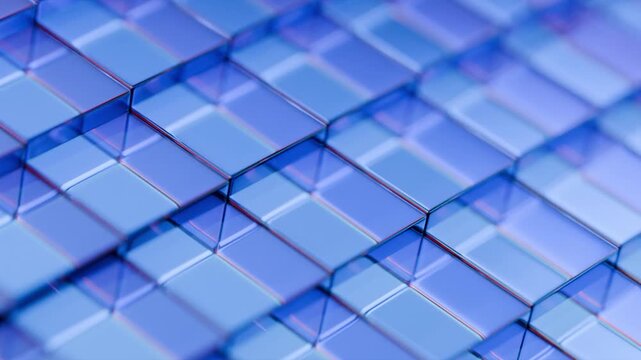 Abstract 3D motion graphic loop featuring translucent blue glass prisms or blocks arranged in an intricate geometric pattern, with subtle light refractions, ideal for technology and data themes.