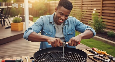 Man assembling a barbecue grill on a wooden deck with tools and a wooden fence in the background