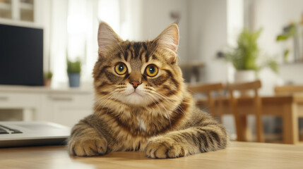 Fluffy tabby cat with bright eyes sits on wooden desk in cozy home office, with laptop nearby and blurred background of bright, airy room