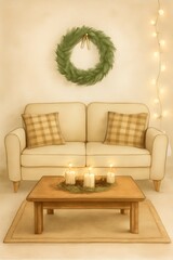 Minimalist Holiday Living Room with Wreath & Fairy Lights – Soft Watercolor Printable Art for Cozy Winter Decor