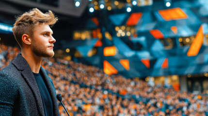 Young Entrepreneur Delivering Presentation to Investors in Dark Auditorium with Spotlight, Glowing Pitch Deck, Dramatic Lighting, and Modern Techwear Style