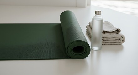 A yoga setup with mat, water bottle, and towels, perfect for a healthy lifestyle.