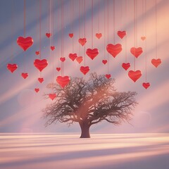 Magical Tree with Hanging Red Hearts in Dreamy Sunset Light