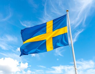 Swedish flag waving proudly against a vibrant blue sky dotted with puffy white clouds