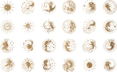 Elegant Gold Zodiac Vector Set with Cosmic Elements on Black Background