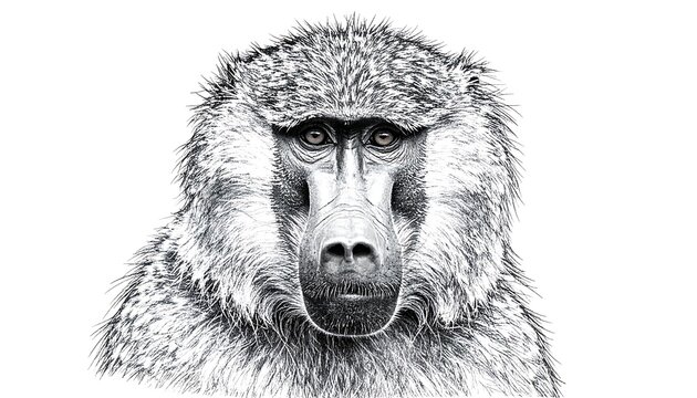 Detailed grayscale portrait of a baboon