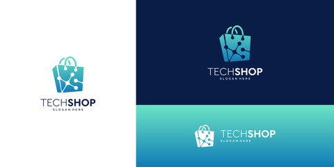 Abstract shopping bag with connection technology symbol, online shop logo design vector ideas.