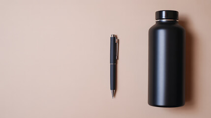 Minimalist flat lay of a black pen and reusable water bottle on a beige background.