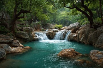 Serene waterfall cascading over rocks into a blue pool at a park, surrounded by lush green foliage and trees during the daytime