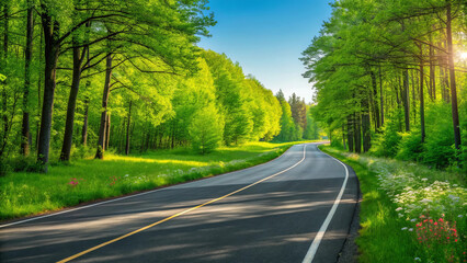 Obraz premium Scenic Summer Road Trip: Lush Green Forest & Winding Asphalt Highway