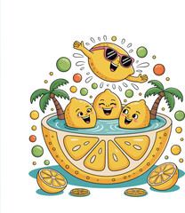 Cute cartoon vector illustration set of a cat with fish, food, and vegetables