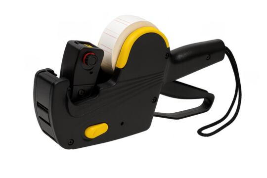 Manual price label maker with a roll of labels on a transparent background