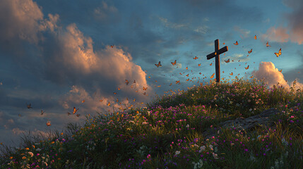 A solitary cross stands atop a flowercovered hill, surrounded by a swarm of butterflies under a dramatic sunset sky