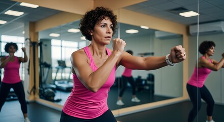 Woman in pink tank top practicing boxing stance in gym with mirror and equipment in the background
