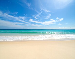 Fototapeta premium Sunny beach scene. Vast expanse of light beige sand meets turquoise ocean waves under a vibrant blue sky dotted with fluffy white clouds