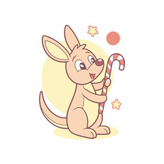 Adorable cartoon kagaroo holding a striped candy cane with a cheerful expression.