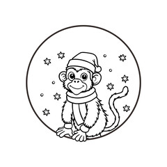 A cute cartoon monkey wearing a festive Santa hat and a cozy scarf, sitting happily amidst falling stars in a circular frame.
