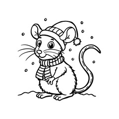 Black and white outline illustration of a cute cartoon mouse wearing a warm winter hat and striped scarf with falling snowflakes.