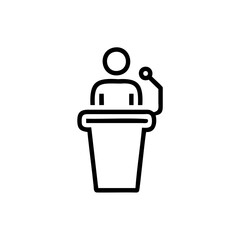 Outline icon person speaking at podium with microphone speech public