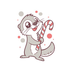 An adorable cartoon otter joyfully holds a striped candy cane with festive background elements.