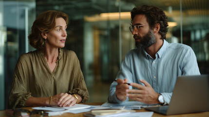 Fototapeta premium Two business colleagues discussing strategies during a corporate meeting in office