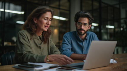 Professional woman explaining project details to a male colleague during a business meeting