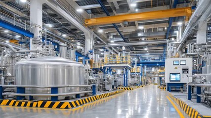 Explore a high-tech chemical factory interior with stainless steel tanks, color-coded pipelines, and automated control panels.