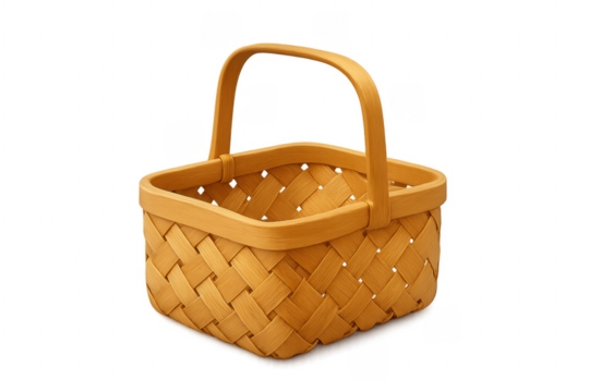 Empty wicker basket with handle on transparent background