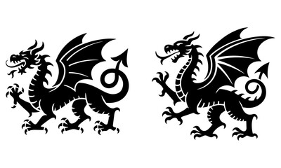 Stylized Heraldry Coat of Arms – Dragon in Passant Walking Pose Vector Crest