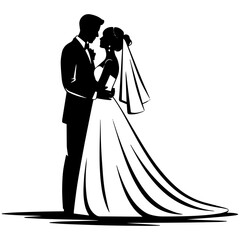 Bride and Groom Silhouettes in Wedding Attire – Romantic Couple Vector Illustration