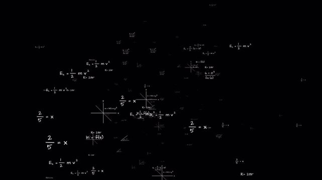 Math equations motion overlay animation with symbols and graphs floating randomly with alpha matte. 4K animated formula overlay for creative thinking, math visualization, and background effect. - Powered by Adobe