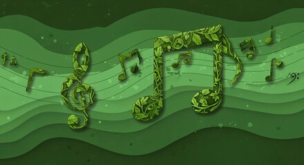Abstract music waves on green background, modern sound and nature-inspired minimal glowing art design.