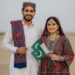Pakistani Couple in Traditional Sindhi Attire Holding Flags celebrating 14 august