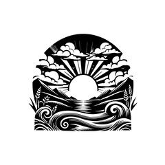 Naklejka premium Stylized Sunrise Over Mountains and Water.