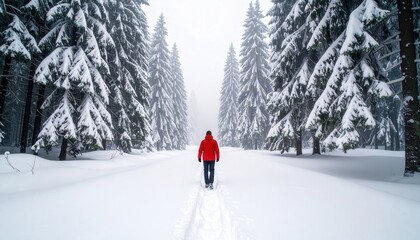 Solitary Figure in a Snow-Covered Coniferous Forest