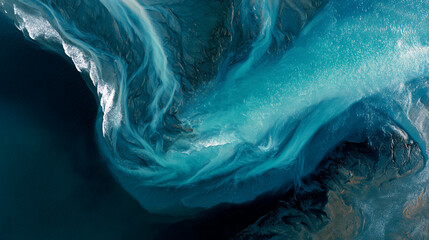An abstract aerial view of swirling turquoise water creating dynamic patterns