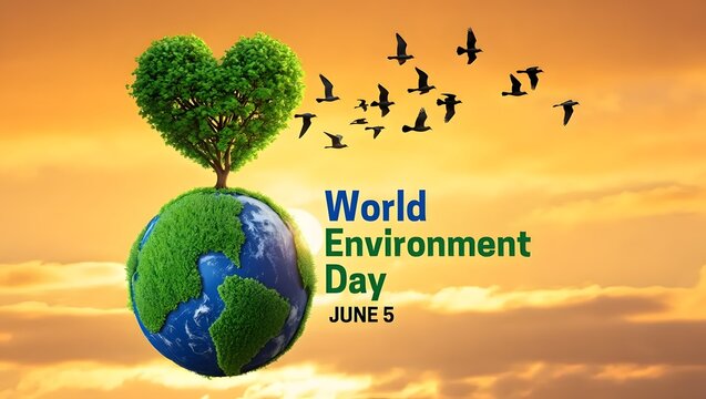 World environment day june fifth celebration with tree on earth and birds flying sky - Powered by Adobe