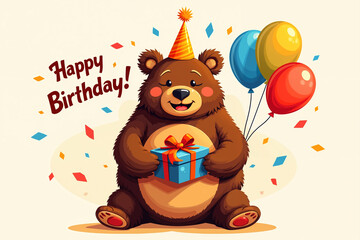 Fototapeta premium A cartoon bear wearing a party hat holds a wrapped gift, surrounded by colorful balloons and confetti, celebrating a birthday.