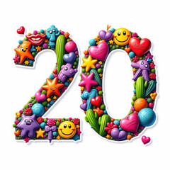 The number 20 is filled with colorful emojis, hearts, stars, and cacti on a white background, creating a lively birthday illustration.