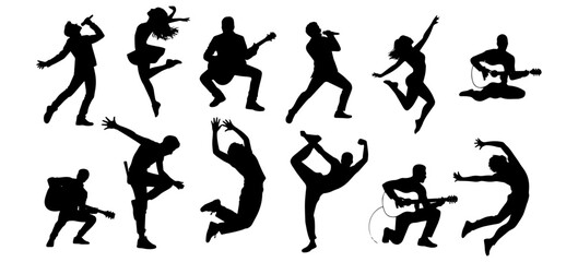 Vector Silhouettes of Dancing People – Energetic Dance Poses Collection on White Background
