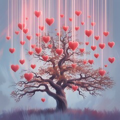 Magical Tree with Hanging Red Hearts in Dreamy Sunset Light