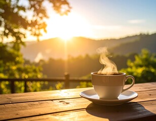 Sunrise coffee on a wooden deck