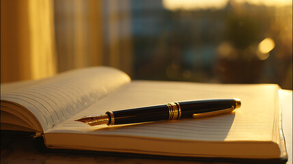 Elegant Black and Gold Fountain Pen Resting on Open Notebook in Warm Golden Sunlight Near Window black pen