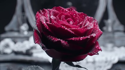 Elegant Red Rose with Dew Drops Against a Vintage Vanity Background, Romantic Still Life - Powered by Adobe