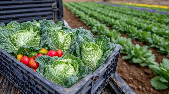 A vibrant crate of fresh produce sits on a hybrid electric truck at a biodiverse organic farm.