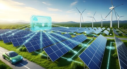 A futuristic landscape showcases solar panels and wind turbines generating renewable energy, powering electric cars and connecting to a smart energy grid
